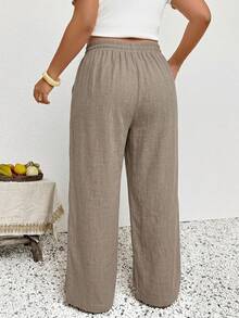 SHEIN Frenchy Celana Panjang Longgar Musim Panas Wanita Ukuran Besar dengan Kantong untuk Liburan Pantai Warna Cokelat Musim Gugur - Khaki - View 2