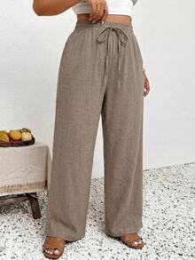 SHEIN Frenchy Celana Panjang Longgar Musim Panas Wanita Ukuran Besar dengan Kantong untuk Liburan Pantai Warna Cokelat Musim Gugur - Khaki - View 5