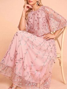 Amorya 女款優雅浪漫中長版圓領洋裝，植物亮片網紗設計，適合婚禮新娘母親、晚餐約會、正式場合、畢業派對，粉紅色 - 粉色 - 查看 6