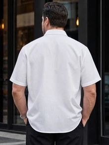 Manfinity Mode Plus Size Men's White Pinstripe Dress Shirt, Summer Casual Vacation Basic Short Sleeve Button-Down Shirt, Wrinkle-Resistant Slim Fit Business Commute, Holiday - White - View 2