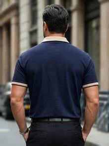 Manfinity Mode 男士大尺碼珠地針織刺繡休閒短袖正式 Polo 衫，儀式適用 - 藏蓝色 - 查看 2