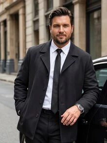 Manfinity Mode Plus Size Men's Solid Color Minimalist Everyday Long Sleeve Overcoat - Black - View 4