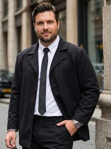 Manfinity Mode Plus Size Men's Solid Color Minimalist Everyday Long Sleeve Overcoat - Black - View 5