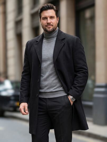 Manfinity Mode Plus Size Men Solid Color Lapel Neck Single Breasted Overcoat, Men's Long Sleeve Black Coat, For Fall Winter