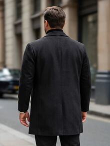 Manfinity Mode 加大码男士纯色翻领单排扣大衣，男士长袖黑色外套，适合秋冬季穿着 - 黑色 - 查看 2