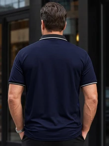 Manfinity Mode 男士大尺碼條紋短袖休閒/商務 Polo 衫，海軍藍夏季高爾夫 Polo 衫，老錢風適用於日常休閒、工作或半正式場合、典禮 - 寶藍色 - 查看 2
