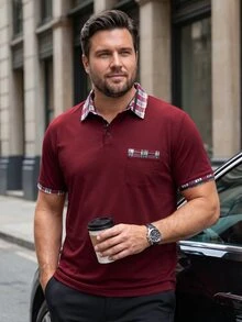 Manfinity Mode 男士大尺碼休閒商務拼接格紋印花短袖 Polo 衫，夏季、正式、儀式 - 酒紅色 - 查看 5