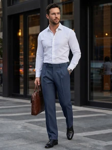 Manfinity Mode 男士长款纯色商务正装裤，梭织面料，优雅直筒版型，拉链设计，藏蓝色，秋季款 - 藏蓝色 - 查看 3