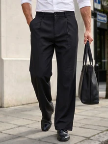 Manfinity Mode Men's Old Money Black Autumn Classy Smart Office Casual Relaxed Fit Wide Leg Pants,Wrinkle-Resistant Versatile Basic Trousers With Side Pockets - Black - View 5