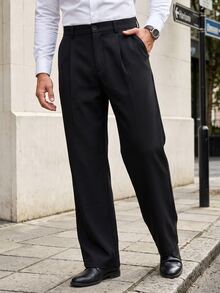 Manfinity Mode Men's Old Money Black Autumn Classy Smart Office Casual Relaxed Fit Wide Leg Pants,Wrinkle-Resistant Versatile Basic Trousers With Side Pockets - Black - View 6