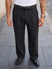 Manfinity Mode Men's Old Money Black Autumn Classy Smart Office Casual Relaxed Fit Wide Leg Pants,Wrinkle-Resistant Versatile Basic Trousers With Side Pockets - Black - View 2