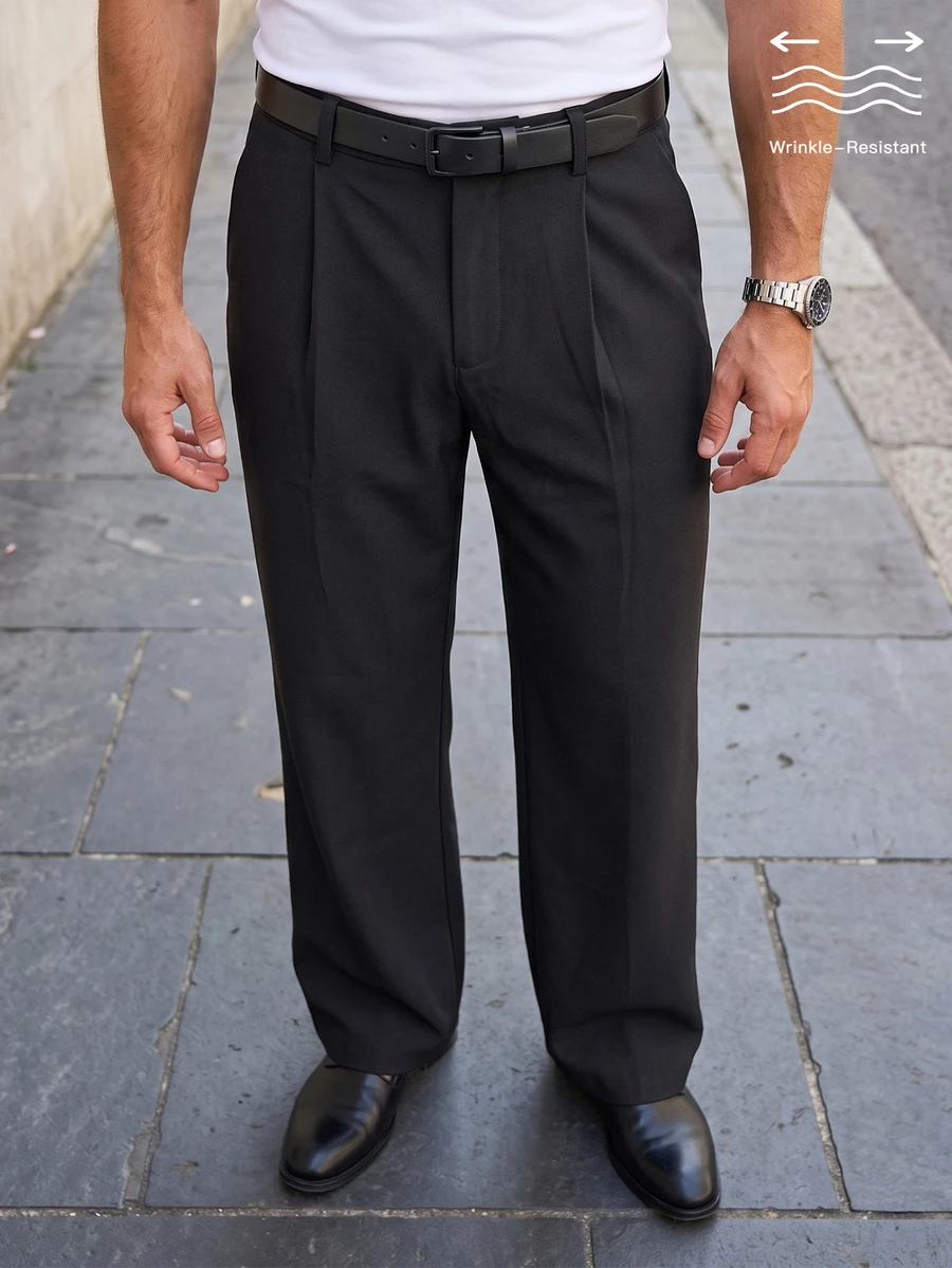 Manfinity Mode Men's Old Money Black Autumn Classy Smart Office Casual Relaxed Fit Wide Leg Pants,Wrinkle-Resistant Versatile Basic Trousers With Side Pockets