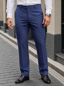 Manfinity Mode Men's Business Style Solid Color Formal Suit Trousers, Old Money Style, Ceremony - Navy Blue - View 4