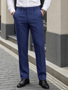 Manfinity Mode Men's Business Style Solid Color Formal Suit Trousers, Old Money Style, Ceremony - Navy Blue - View 3