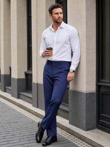 Manfinity Mode Men's Business Style Solid Color Formal Suit Trousers, Old Money Style, Ceremony - Navy Blue - View 5