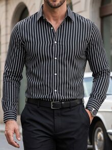 Manfinity Mode 黑色條紋長袖襯衫，附口袋與領口，適合魅力派對穿著男士白色襯衫，秋季、正式、儀式 - 黑色 - 查看 4
