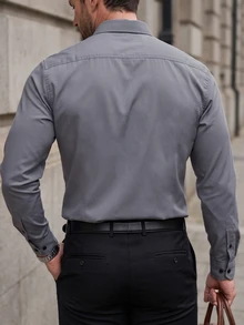 Manfinity Mode 男士對比飾邊簡約休閒襯衫，適合夏季休閒穿著，秋季長袖上衣，正式場合與儀式適用 - 淺灰色 - 查看 2
