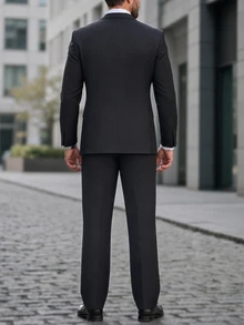 Manfinity Mode 男士單排扣長袖西裝外套與長褲套裝，老錢風婚禮西裝，正式，儀式 - 黑色 - 查看 2