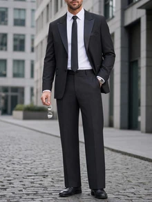 Manfinity Mode 男士單排扣長袖西裝外套與長褲套裝，老錢風婚禮西裝，正式，儀式 - 黑色 - 查看 5