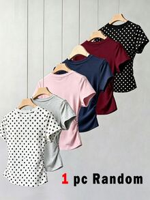 SHEIN 1件隨機盲盒款女童青少年修身T恤 波點滿版印花 白黑灰 P - 彩色 - 查看 2