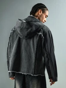 ROMWE MEN Street Life Men's Hooded Denim Jacket With Airplane Buckle - Grey - View 3