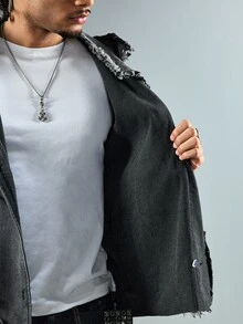 ROMWE MEN Street Life Men's Hooded Denim Jacket With Airplane Buckle - Grey - View 10