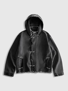 ROMWE MEN Street Life Men's Hooded Denim Jacket With Airplane Buckle - Grey - View 1