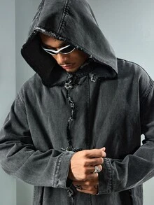 ROMWE MEN Street Life Men's Hooded Denim Jacket With Airplane Buckle - Grey - View 2