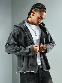 ROMWE MEN Street Life Men's Hooded Denim Jacket With Airplane Buckle - Grey - View 4