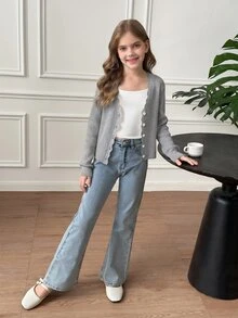 SHEIN Tween女孩秋冬日常休閒波浪荷葉邊V領長袖針織開襟外套，適合日常週末、休閒出遊、返校穿著 - 淺灰色 - 查看 5