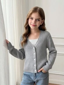 SHEIN Tween女孩秋冬日常休閒波浪荷葉邊V領長袖針織開襟外套，適合日常週末、休閒出遊、返校穿著 - 淺灰色 - 查看 4