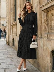 GlowEve CURVE Gaun Elegan Lengan Panjang Motif Polkadot Berenda untuk Wanita Ukuran Besar, Cocok untuk Musim Gugur. - Hitam - View 5