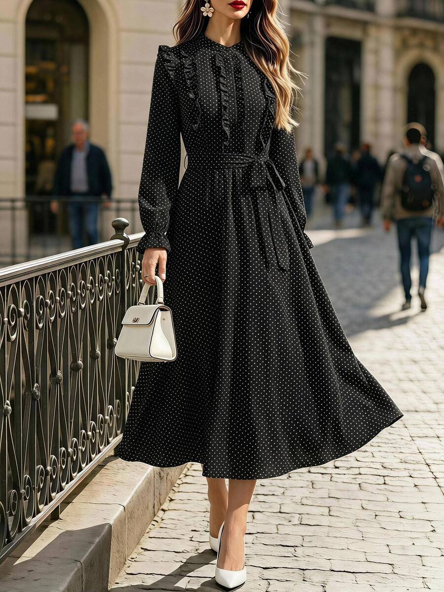 GlowEve CURVE Plus Size Women's Polka Dot Pattern Frill Trim Long Sleeve Elegant Dress Fall - Black - View 1