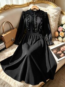 GlowEve CURVE Gaun Elegan Lengan Panjang Motif Polkadot Berenda untuk Wanita Ukuran Besar, Cocok untuk Musim Gugur. - Hitam - View 6