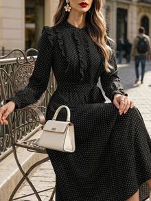 GlowEve CURVE Gaun Elegan Lengan Panjang Motif Polkadot Berenda untuk Wanita Ukuran Besar, Cocok untuk Musim Gugur. - Hitam - View 1