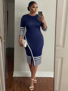 SHEIN Lady CURVE Plus Size Women's Colorblock Casual Elegant Everyday Dress Autumn Office Formal Navy Blue Fall - Navy Blue - View 1
