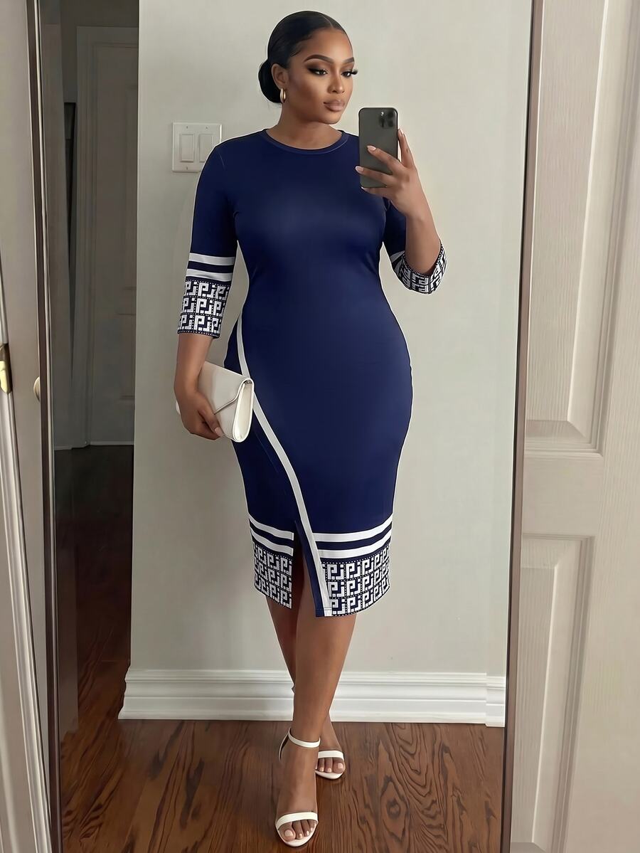 SHEIN Lady CURVE Plus Size Women's Colorblock Casual Elegant Everyday Dress Autumn Office Formal Navy Blue Fall - Navy Blue - View 1