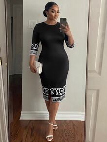 SHEIN Lady CURVE 大尺碼女款拼色休閒優雅派對正式早午餐辦公約會連身裙 秋季黑色 - 黑與白 - 查看 1
