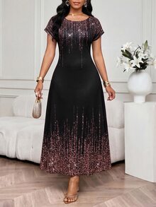 SHEIN Lady 大尺碼女款圓領休閒派對洋裝 - 黑色 - 查看 3