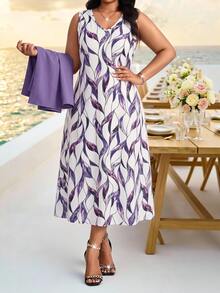 Fleurora Plus Size Elegant Party Solid Color Top & All-Over Print Dress 2-Piece Set - Purple - View 3