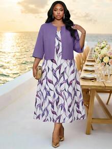 Fleurora Plus Size Elegant Party Solid Color Top & All-Over Print Dress 2-Piece Set - Purple - View 5
