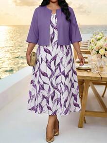 Fleurora Plus Size Elegant Party Solid Color Top & All-Over Print Dress 2-Piece Set - Purple - View 4