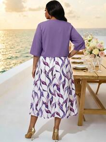 Fleurora Plus Size Elegant Party Solid Color Top & All-Over Print Dress 2-Piece Set - Purple - View 2