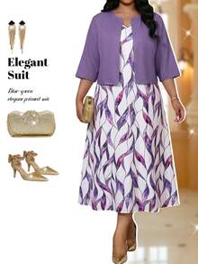 Fleurora Plus Size Elegant Party Solid Color Top & All-Over Print Dress 2-Piece Set - Purple - View 1
