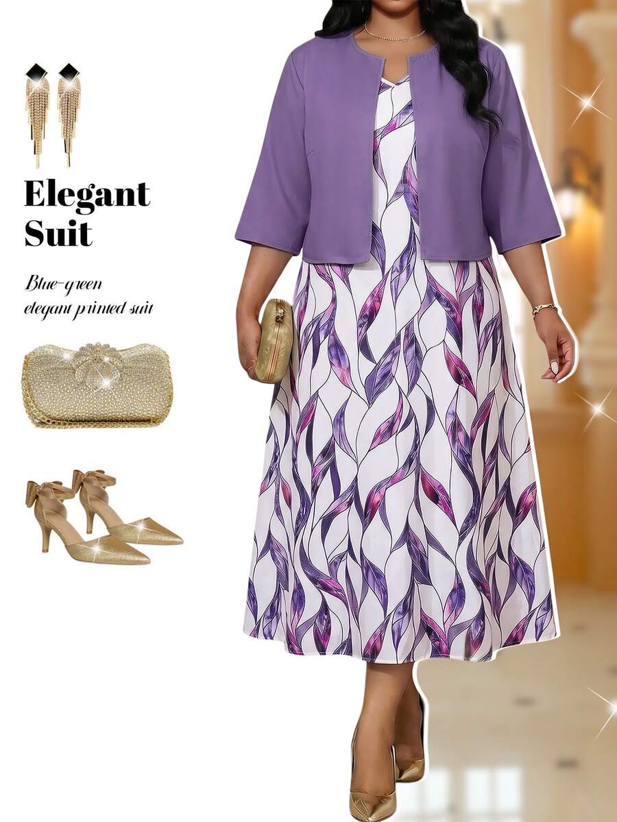Fleurora Plus Size Elegant Party Solid Color Top & All-Over Print Dress 2-Piece Set - Purple - View 1