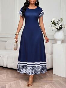 SHEIN Lady Plus Size Women's Color Block Casual Daily Summer Travel Dress - Navy Blue - View 6
