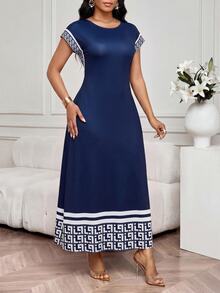 SHEIN Lady Plus Size Women's Color Block Casual Daily Summer Travel Dress - Navy Blue - View 4