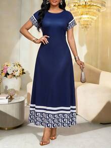 SHEIN Lady Plus Size Women's Color Block Casual Daily Summer Travel Dress - Navy Blue - View 1