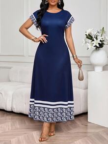 SHEIN Lady Plus Size Women's Color Block Casual Daily Summer Travel Dress - Navy Blue - View 3