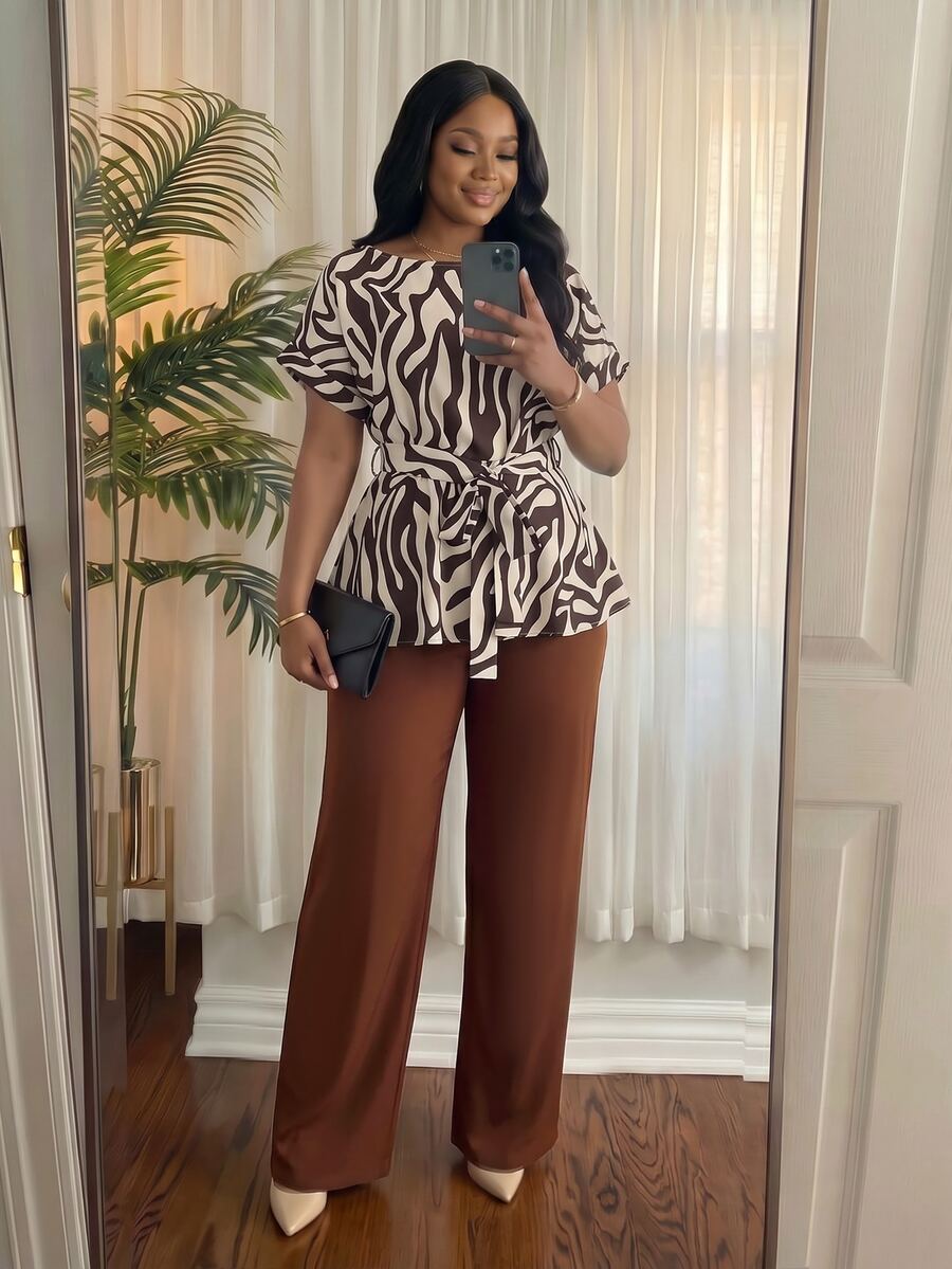 SHEIN Lady CURVE 大尺碼女款全印花腰結上衣與長褲休閒優雅日常兩件套 正式早午餐 米色巧克力棕 夏季 - 棕色 - 查看 1